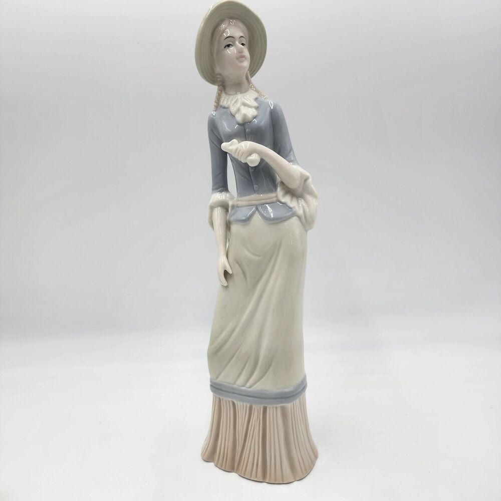 Vintage MORRISON Porcelaine Figurine Lady in Blue Gray Jacket And Skirt 13” Tall
